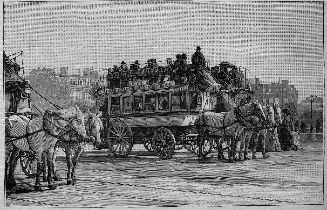 Les Omnibus de Paris på 1800-tallet: l'omnibus moderne - gravering fra 1892' av Unknown artist