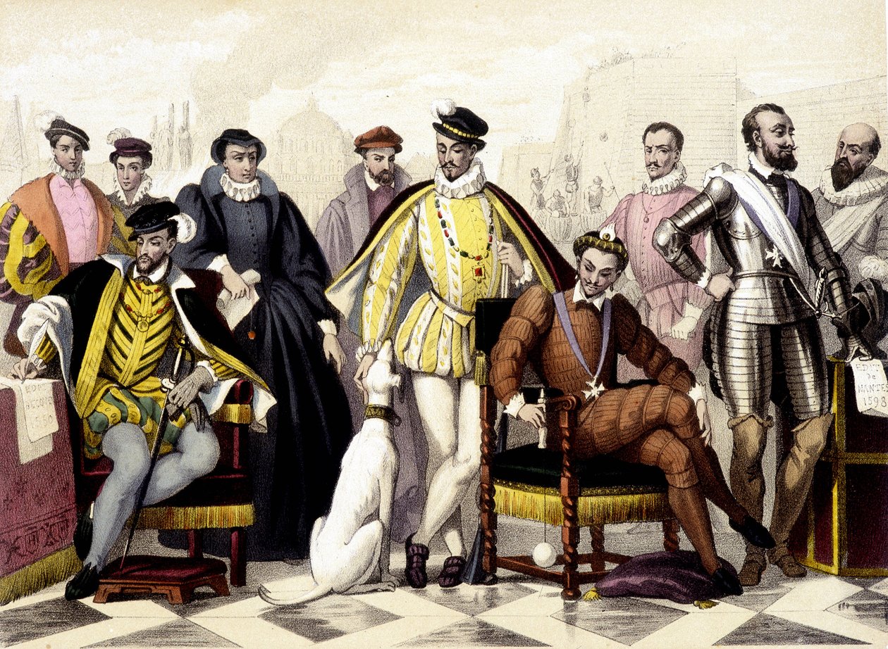 Les Valois - Fra 1547 til 1589. Henry II, Catherine de Medici (Caterina de Medici), Charles IX, Henry III, Henry IV. Gravering av 1800-tallet. av Unknown artist