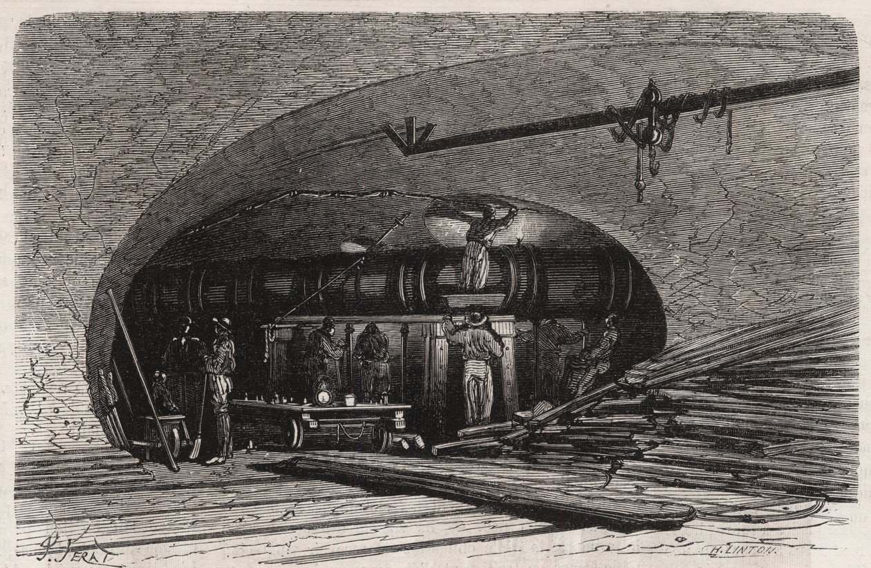 Kloakkene i Paris: bøyning av røret nær Saint Michel-broen (Saint-Michel), place du Chatelet - Gravering i "" Le Monde Illustré"" av Unknown artist