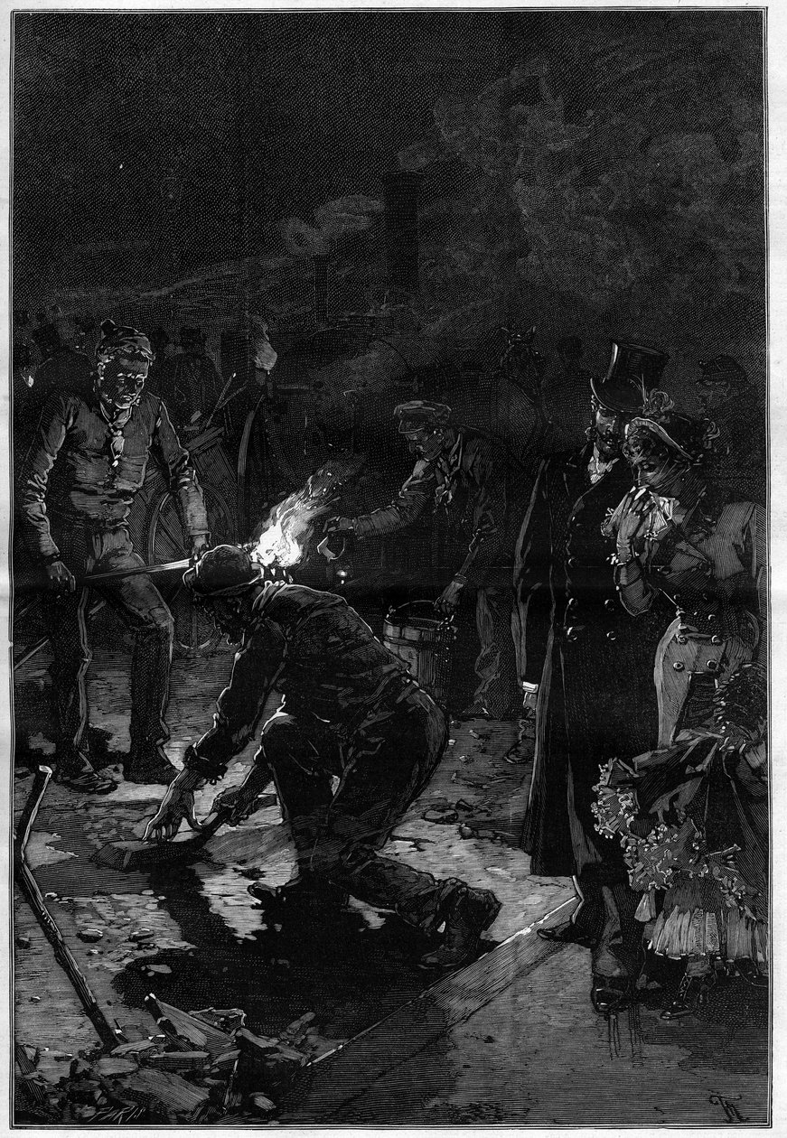 Arbeiderne legger bitumenet nær det franske teatret (Theatre-Francais eller Comedie-Francaise (Comedie Francaise)) i gatene i Paris og utfører byggearbeidene i løpet av natten. Gravering i ""The Illustrious World"" av Unknown artist