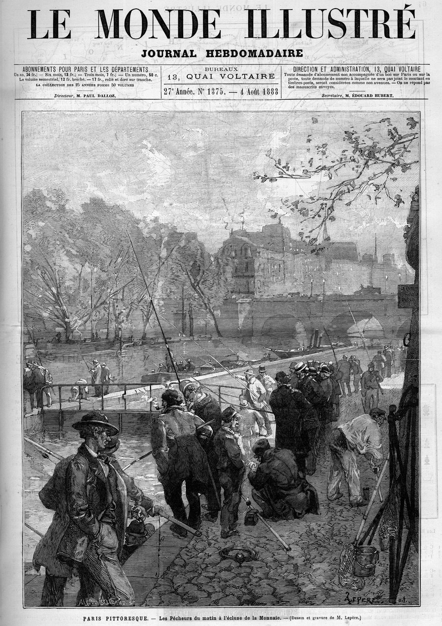 Morgenfiskere ved Monnaie-slusen i Paris. Gravering i ""The Illustrious World"" av Unknown artist