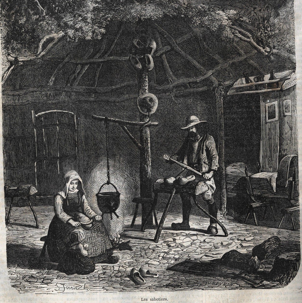 Les sabotiers. engraving 19th century av Unknown artist