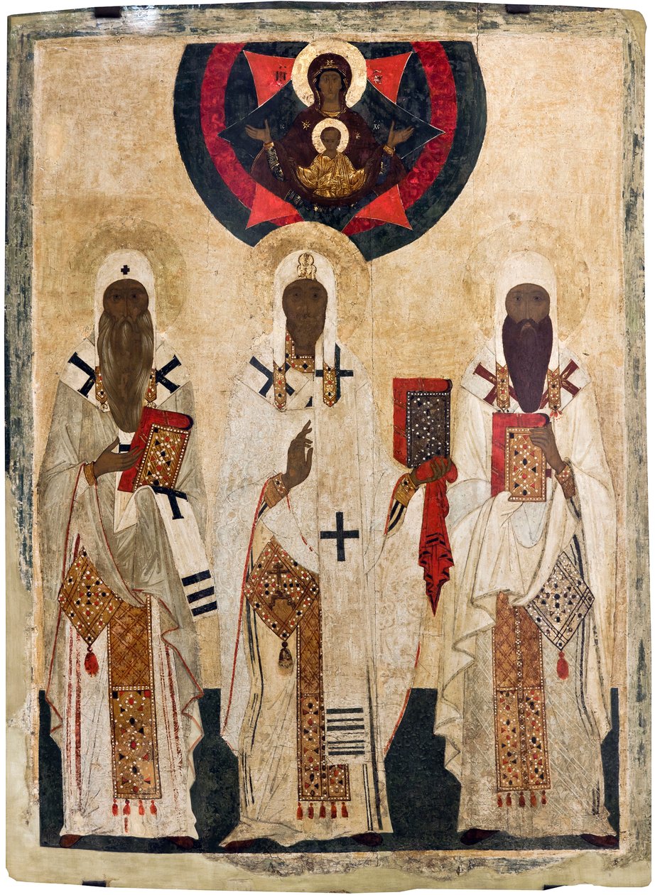 De tre hellige biskopene av Rostov: Jesaja (død 1090), Leonce (død 1077), Ignatius (død 1288) - Russisk ikon: De tre helgenbiskopene i Rostov: Jesaja, Leontius og Ignatius. Tempera på panel, sent på 1400-tallet, Statens friluftsmuseum Rostov Kreml av Unknown artist