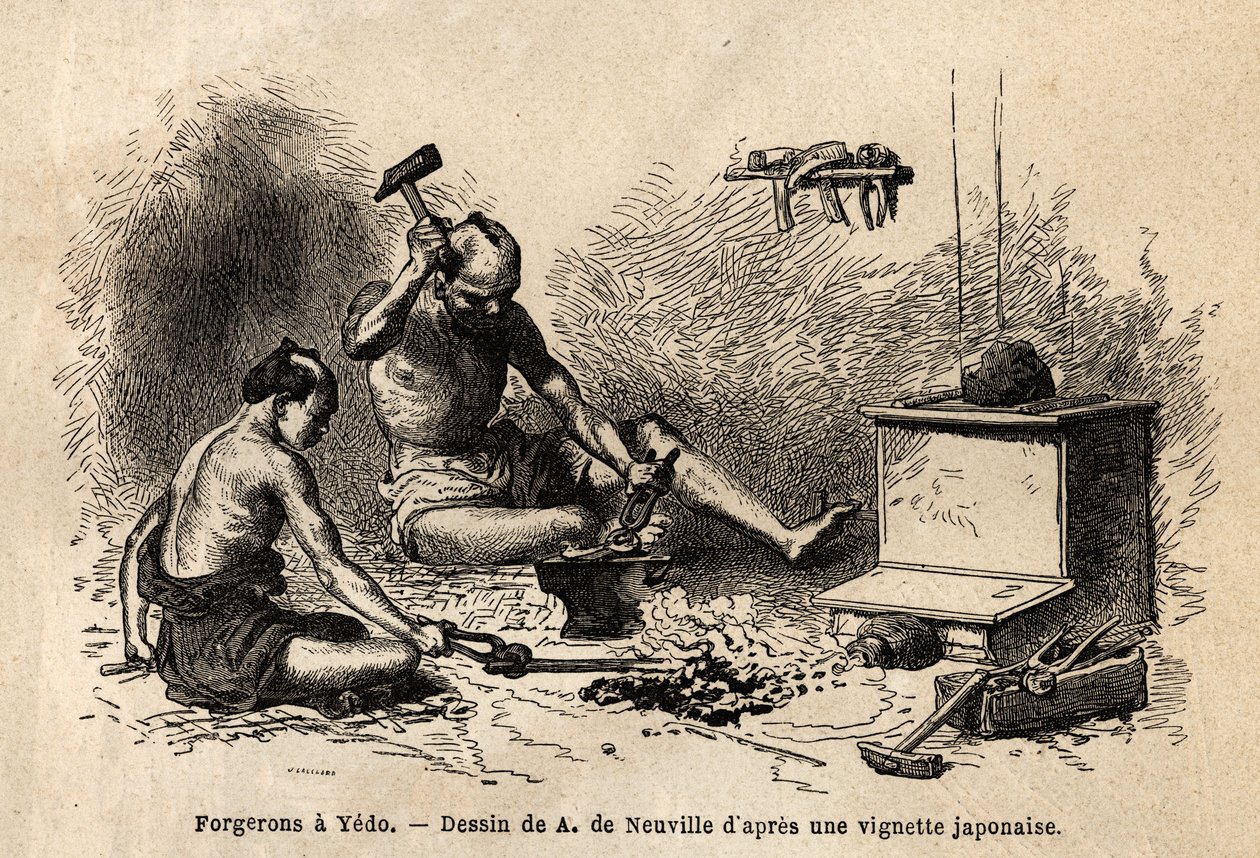 La oss smeder foran smia deres i Yedo (eller Edo, den keiserlige hovedstaden, dagens Tokyo). Gravering for å illustrere reisen til Japan, i 1863-1864, av Aime Humbert, minister for det sveitsiske konføderasjonen, i "" Le tour du monde, nouveau journal des  av Unknown artist