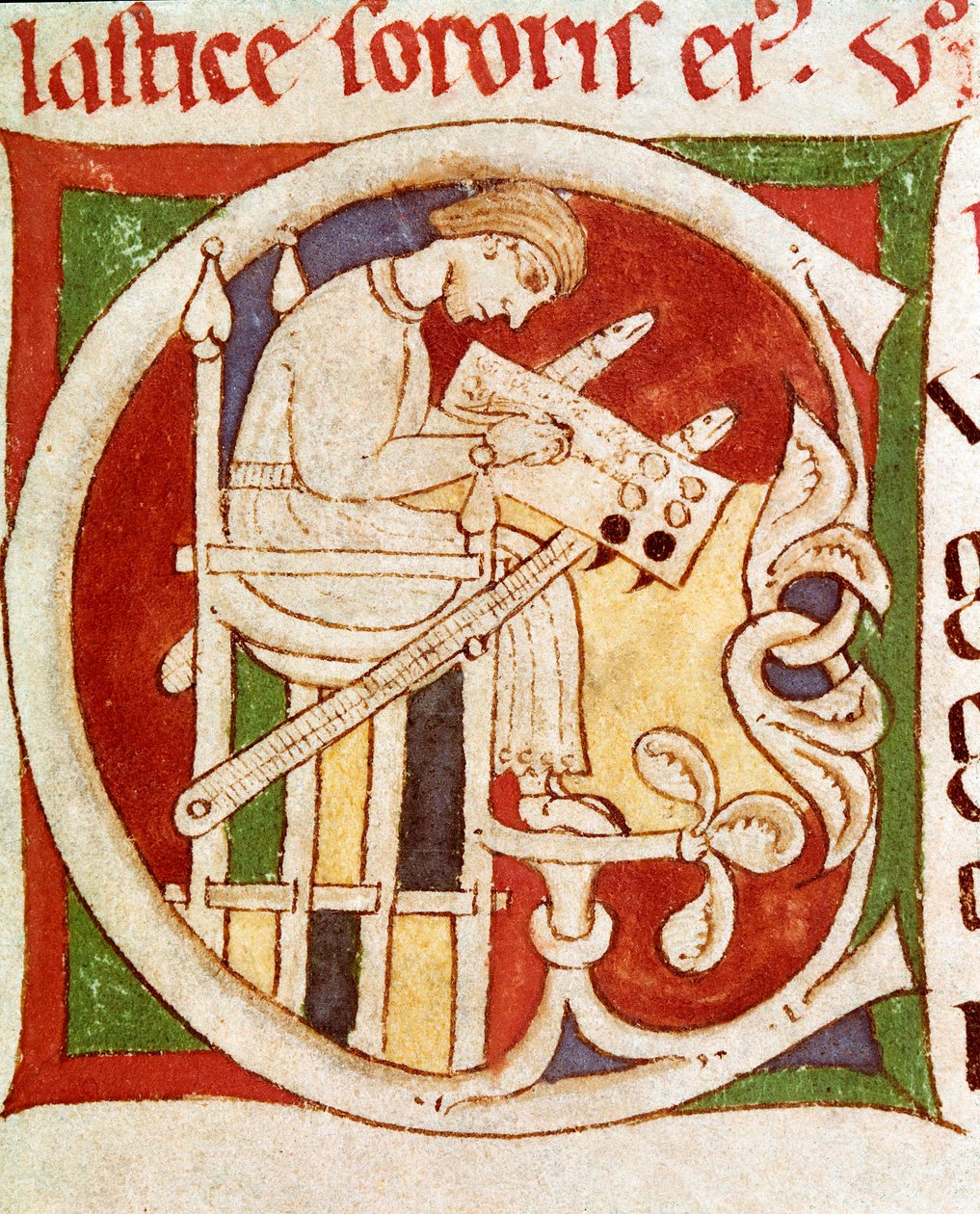 Bokstaven C prydet med en munk som skriver på et skrivebord. Miniatyr fra "" Vitae sanctorum"" (De helliges liv) Coimbre fra 1100-tallet, universitetsbiblioteket av Unknown artist