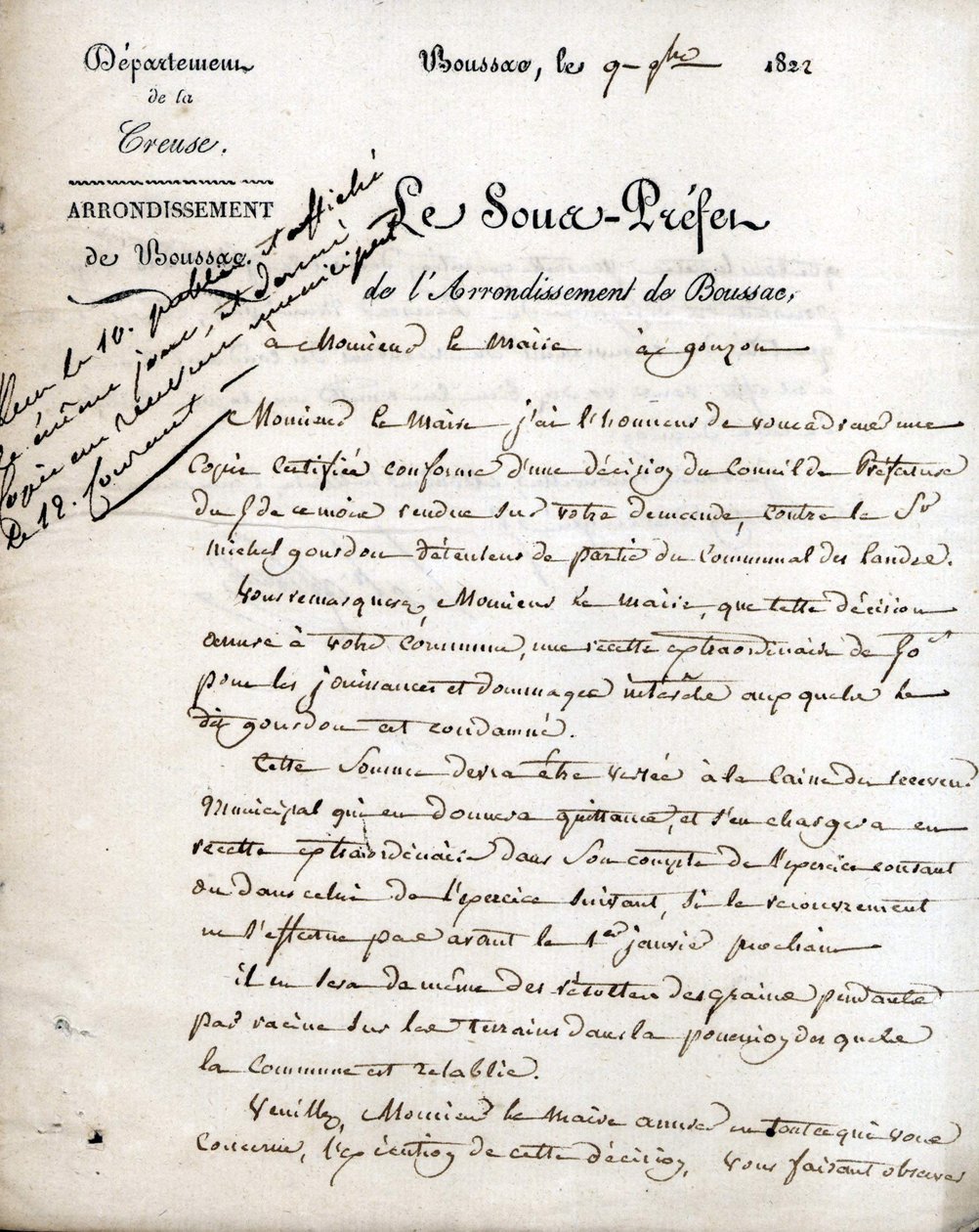 Brev fra underprefekten til Creuse (arrondissementet Boussac) til borgermesteren i Gouzon, 9. september 1822 av Unknown artist