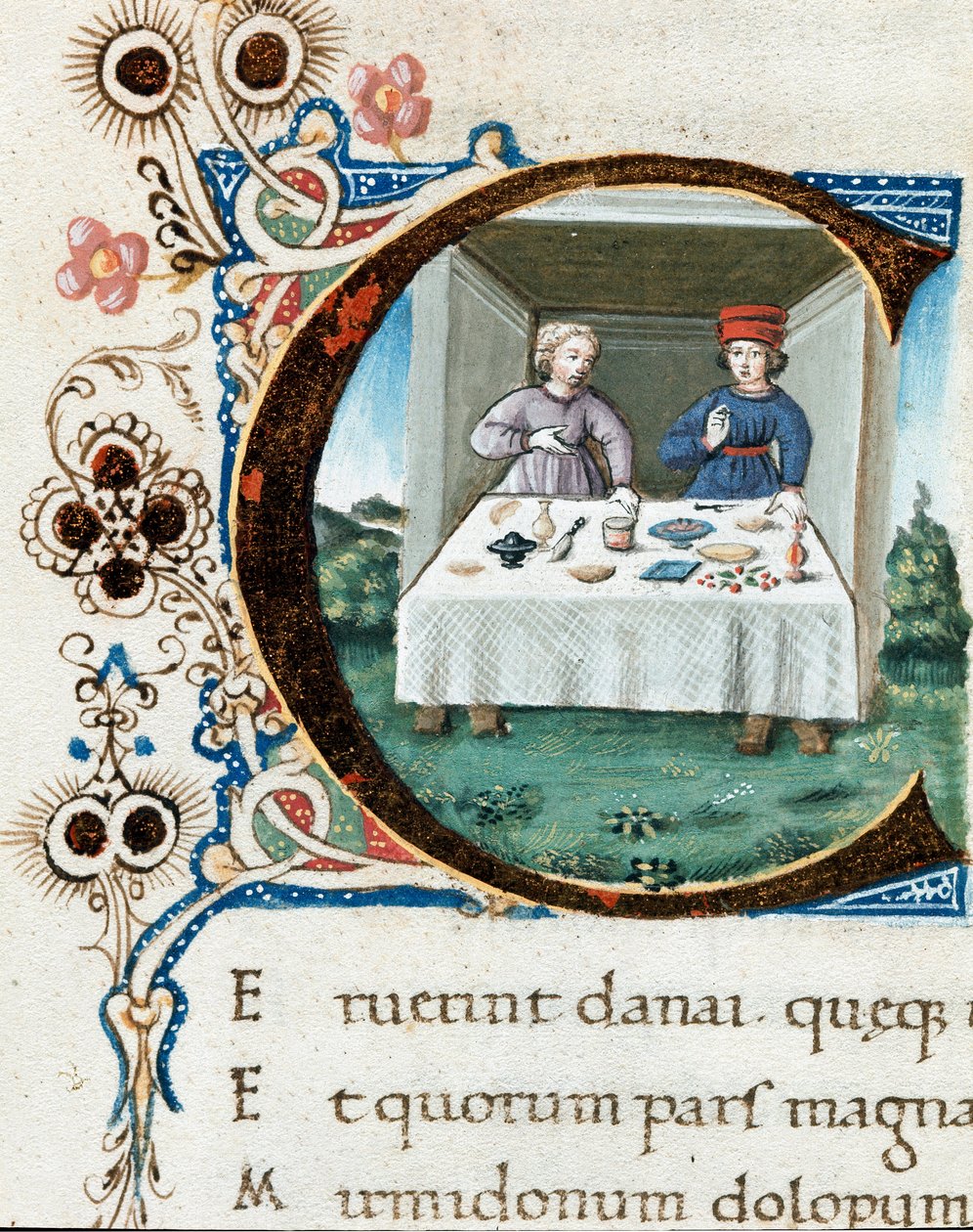 Brevpapir C dekorert med et par ved bordet. Miniatyr hentet fra «The Bucoliques»» (Eglogues) av Virgil (Publius Vergilius Maro) (70-19 f.Kr.) (ms.IV E.12) - 1400-tallets Napoli, Biblioteca Nazionale av Unknown artist