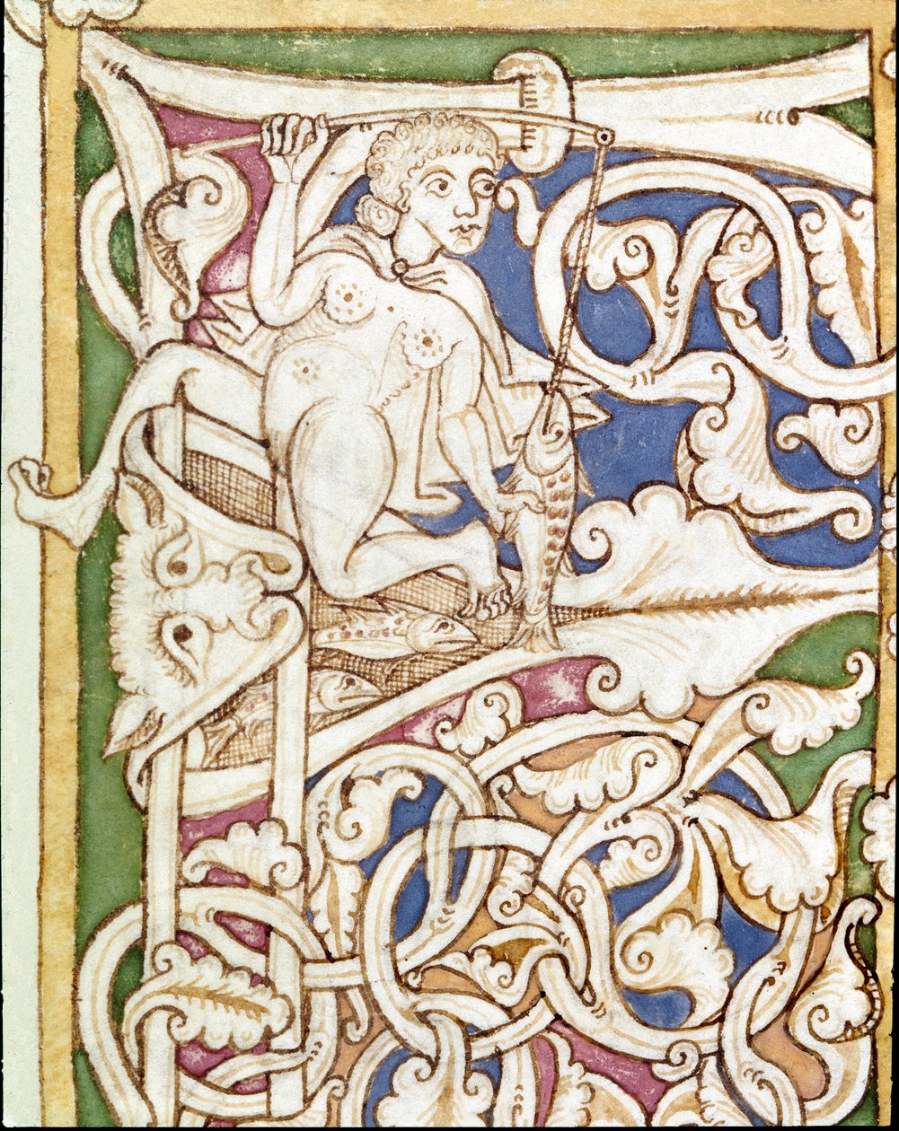 Lettrine P decoree av representasjonen av en kvinne som fisker en fisk. Miniatyr fra en bibel (Gamle Testamentet) (Ms 3088) Coimbra fra 1100-tallet, Universitetsbiblioteket av Unknown artist
