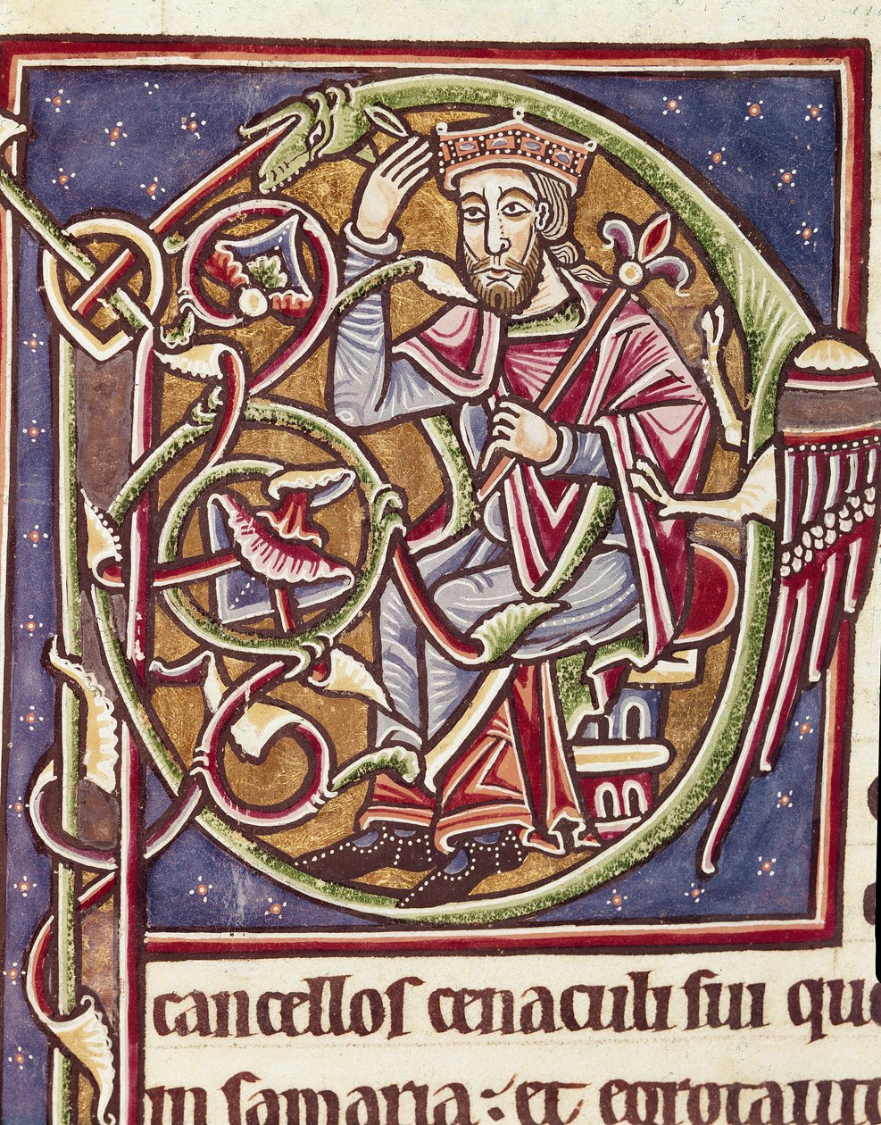 Lettrine P dekorert representasjonen av kongen av landet Moab Miniatyr fra en bibel (Ms 3088) 12. århundre Coimbra, bibliotheque of the University av Unknown artist