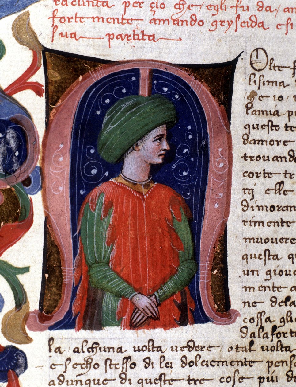 Lettrine "" m" og miniatyr som viser sofisten, Philostrate. Manuskript av Boccacio (Boccace) av Unknown artist