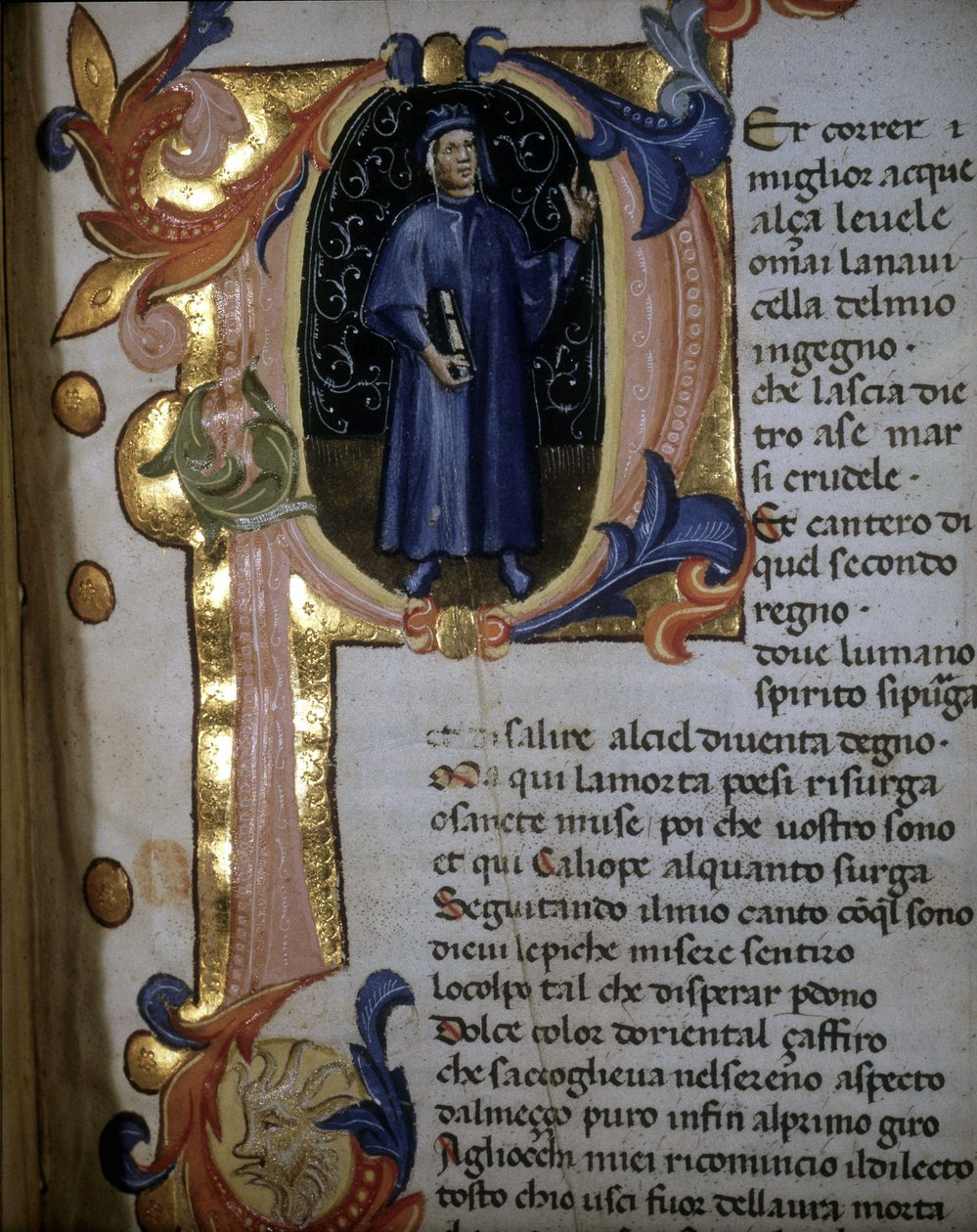 Lettrine "" p" fra et manuskript av "Divine Comedy". Begynnelse av "" Skjærsilden". Belysning som viser Dante Alighieri. 1300-tallet. Braidense. av Unknown artist