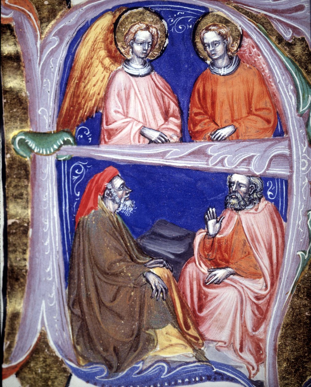 Lettrine som representerer engler og filosofer som diskuterer - i De civitate dei de St Augustine. 1300-talls manuskript. Kommunal Bibl. av Rimini. av Unknown artist