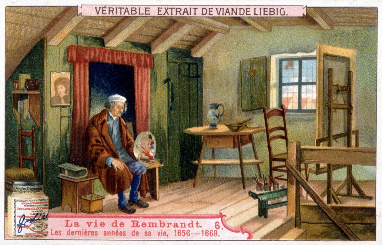 Liebig-kromolitografi om livet til Rembrandt (1606/1669), nederlandsk maler. Her de siste årene av hans liv 1656-1669. av Unknown artist