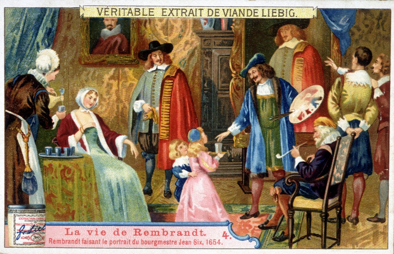 Liebig-kromolitografi om livet til Rembrandt (1606 - 1669) nederlandsk maler, her skildrer borgermester Jean Six i 1654. av Unknown artist