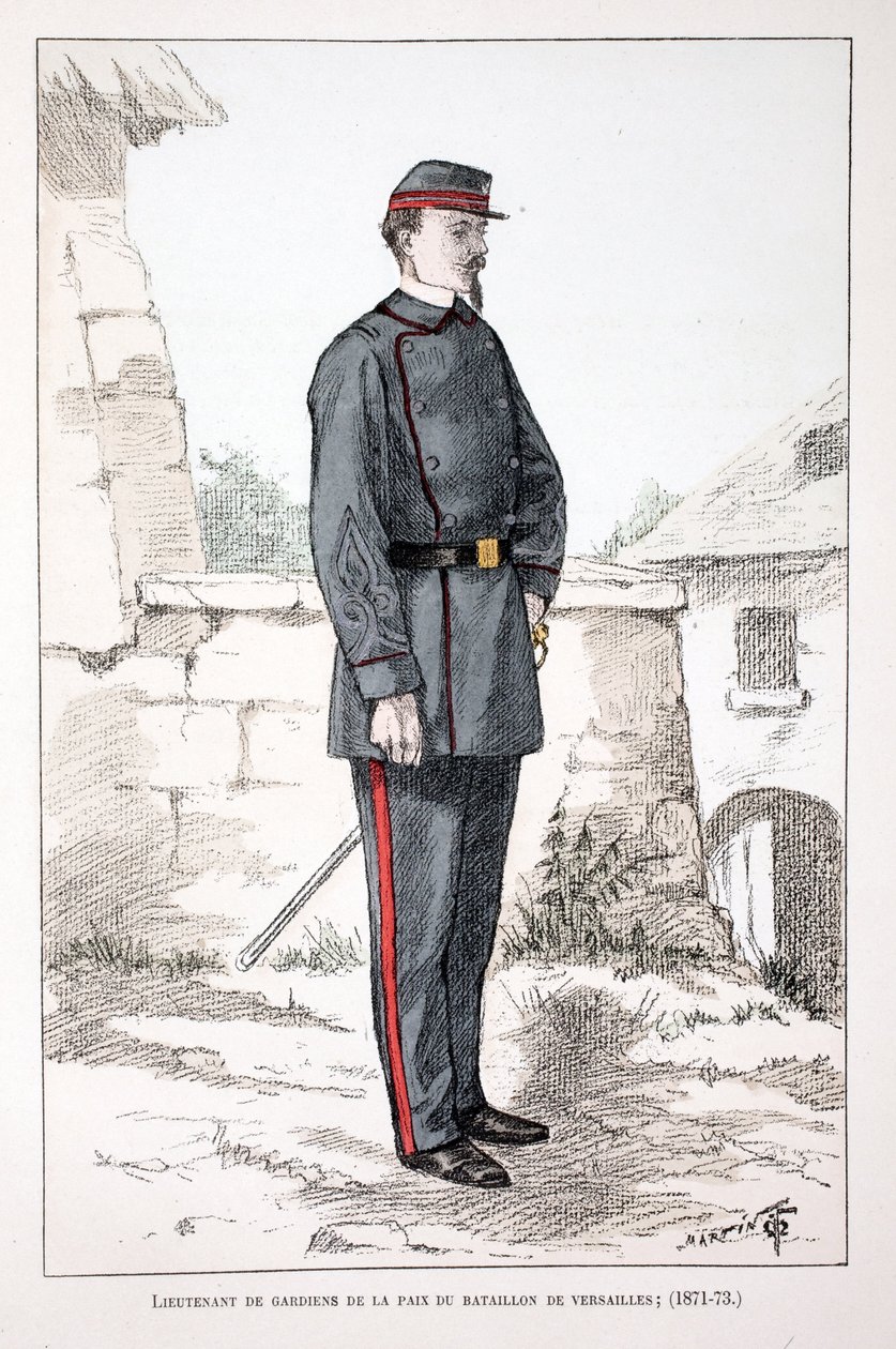 Løytnant av fredsvoktere fra Versailles-bataljonen (1871-1873). Etsning i farger, til illustrasjon "History of the Corps of Peacekeepers""" bok utgitt i regi av Louis Lepine (1846-1933), prefekt for politiet på Seinen, av A av Unknown artist