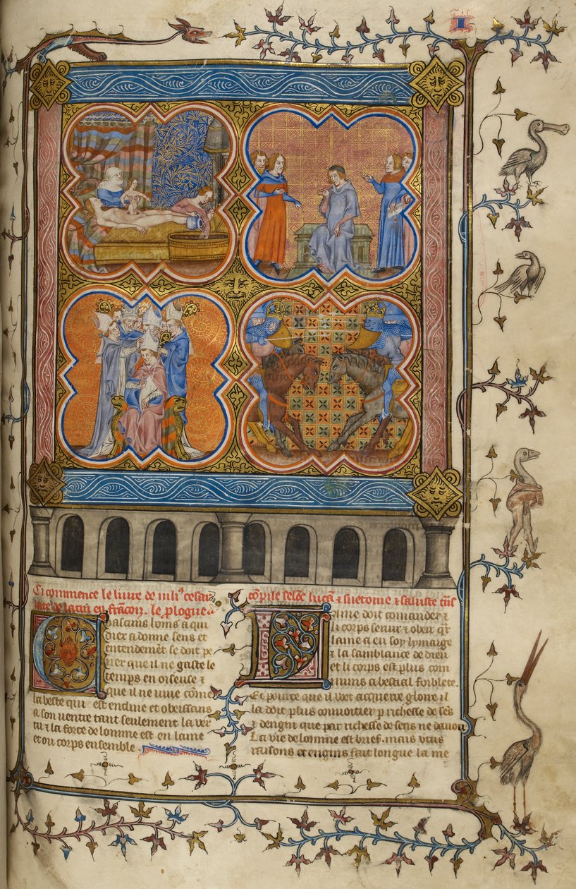 Livet til Julius Cæsar: fire miniatyrer som viser hans fødsel, skilsmisse, pontifikat og kamp med Pompeius; tekst med dekorerte initialer og kant med fugler og grotesker. av Unknown artist