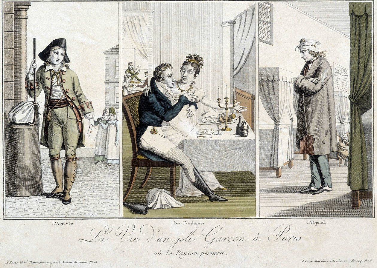Livet til en pen gutt i Paris eller den perverse bonden: ankomsten, Fredaines og sykehuset - Carnavalet. av Unknown artist