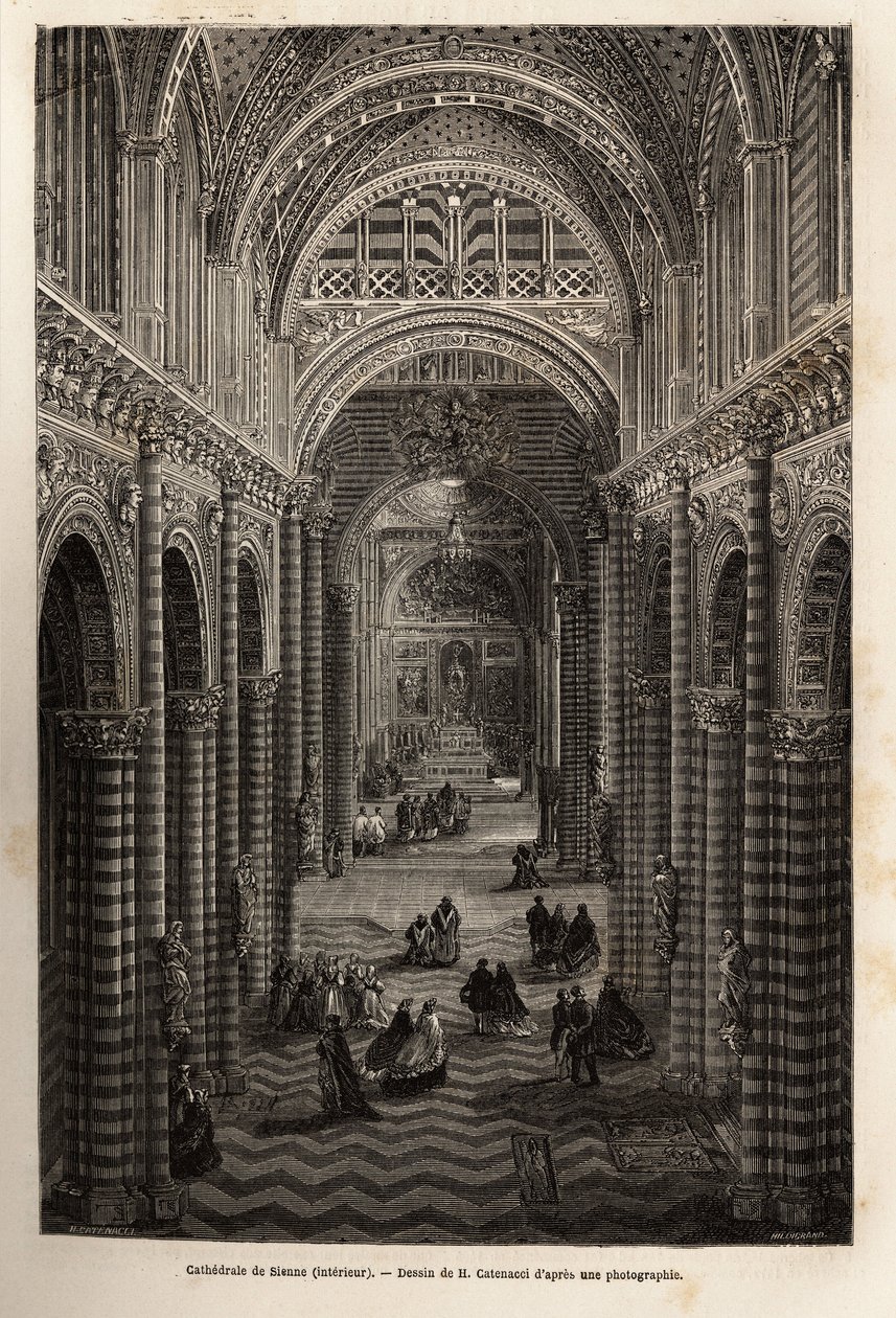 Interiøret i katedralen i Siena, gravering for å illustrere en reise til Siena (Italia) i 1865, i "Le tour du monde, nouveau journal des voyages" utgitt under ledelse av Edouard Charton av Unknown artist