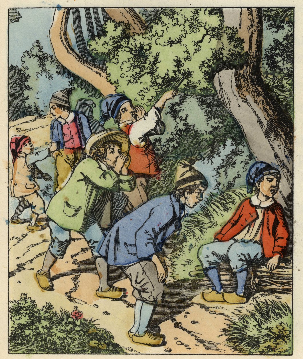 Little Poucet and his brothers lost in the forest abandoned by their parents. Illustration of the tale “” Le Pepetit Poucet”” by Charles Perrault av Unknown artist