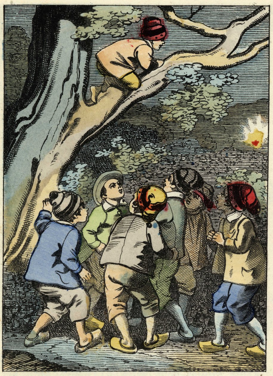 Lille Poucet klatrer på et tre og leter etter veien. Han plukker opp et lys i skogen. Illustrasjon av Charles Perraults fortelling "" Le Pepetit Poucet" av Unknown artist