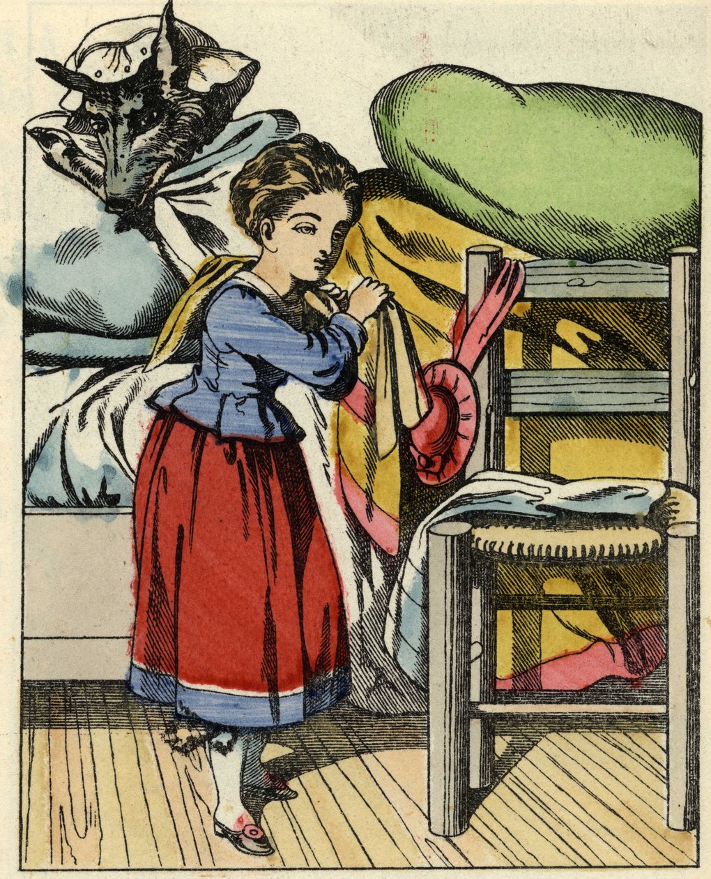 Rødhette hjemme hos bestemoren. Illustrasjon av historien "Den lille rødhette" av Charles Perrault av Unknown artist