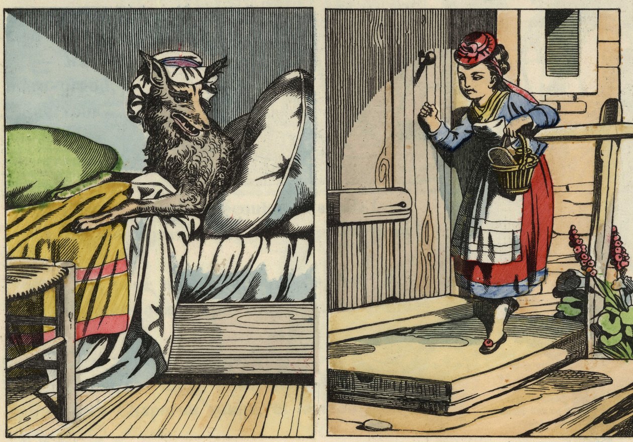 Rødhette banker på døra til bestemoren hans. Illustrasjon av historien "Den lille rødhette" av Charles Perrault av Unknown artist