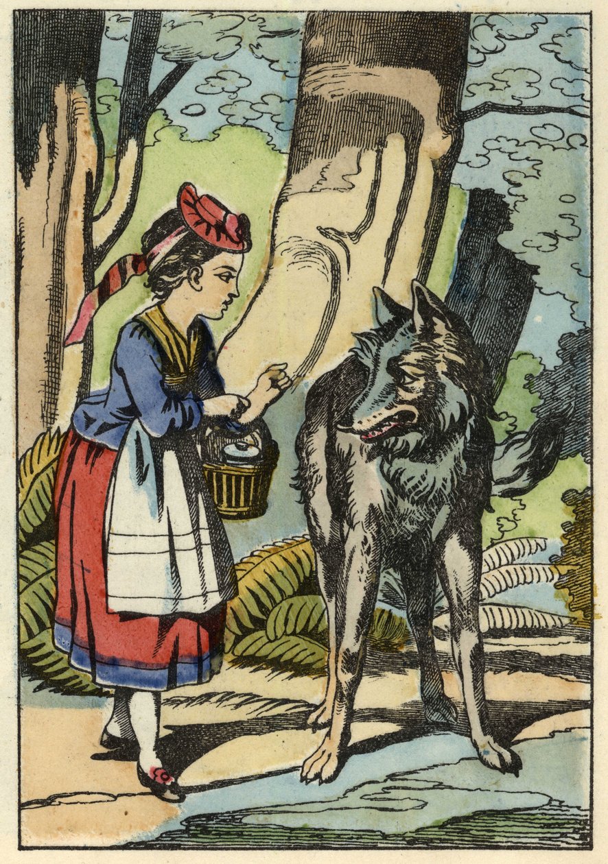 Little Red Riding Hood meets the wolf in the forest. Illustration of the tale “The Little Red Riding Hood” by Charles Perrault av Unknown artist