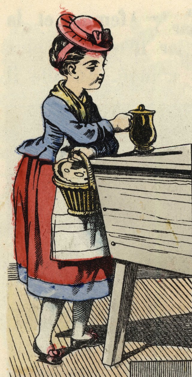 Rødhette setter mat til bestemoren sin på huchen. Illustrasjon av historien "Den lille rødhette" av Charles Perrault av Unknown artist