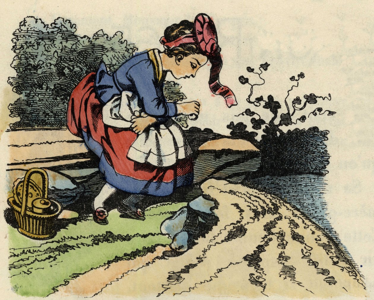 Rødhette hviler på veien. Illustrasjon av historien "Den lille rødhette" av Charles Perrault av Unknown artist