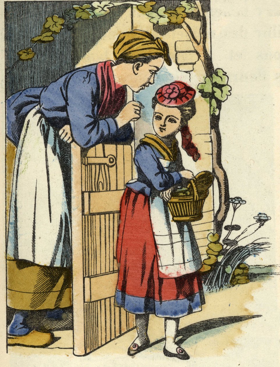 Lille Rødhettes mor gir sine siste anbefalinger om å dra til bestemorens hus. Illustrasjon av historien "Den lille rødhette" av Charles Perrault av Unknown artist