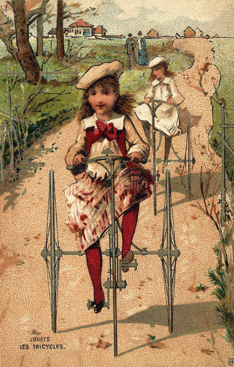 Little girls doing tricycles.Chromolithography around 1890. av Unknown artist