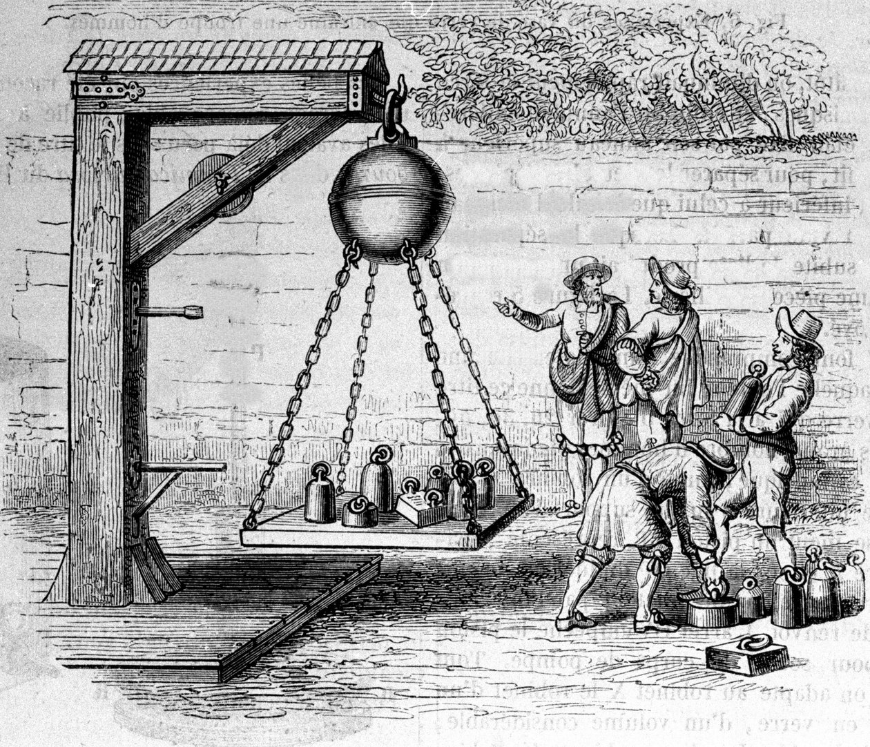 Laster Magdeburg halvkuler suspendert for å beregne atmosfærisk trykk - i "Ottonis de Guericke: Experimenta Nova Magdeburgica de vacuo spatio"" av Otto von Guericke (Otto de Guericke av Unknown artist