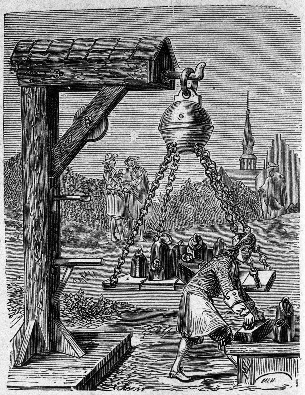 Lasting av suspenderte Magdeburg-halvkuler. Gravering fra "Ottonis de Guericke: Experimenta Nova Magdeburgica de vacuo spatio" av Otto von Guericke (Otto de Guericke av Unknown artist