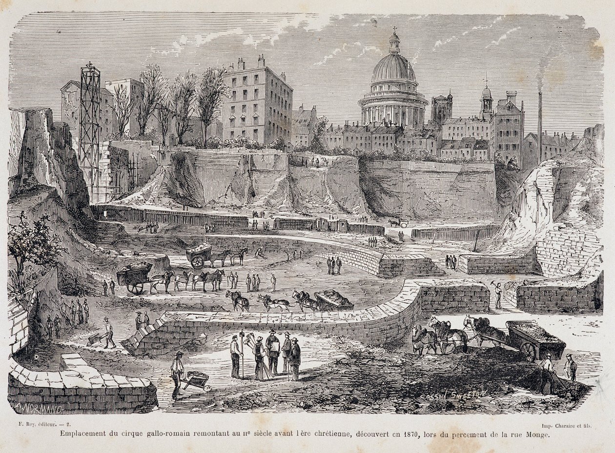 Plasseringen av det gallo-romerske sirkuset som dateres tilbake til det 3. århundre før den kristne æra, oppdaget i 1870, under boringen av Rue Monge av Unknown artist