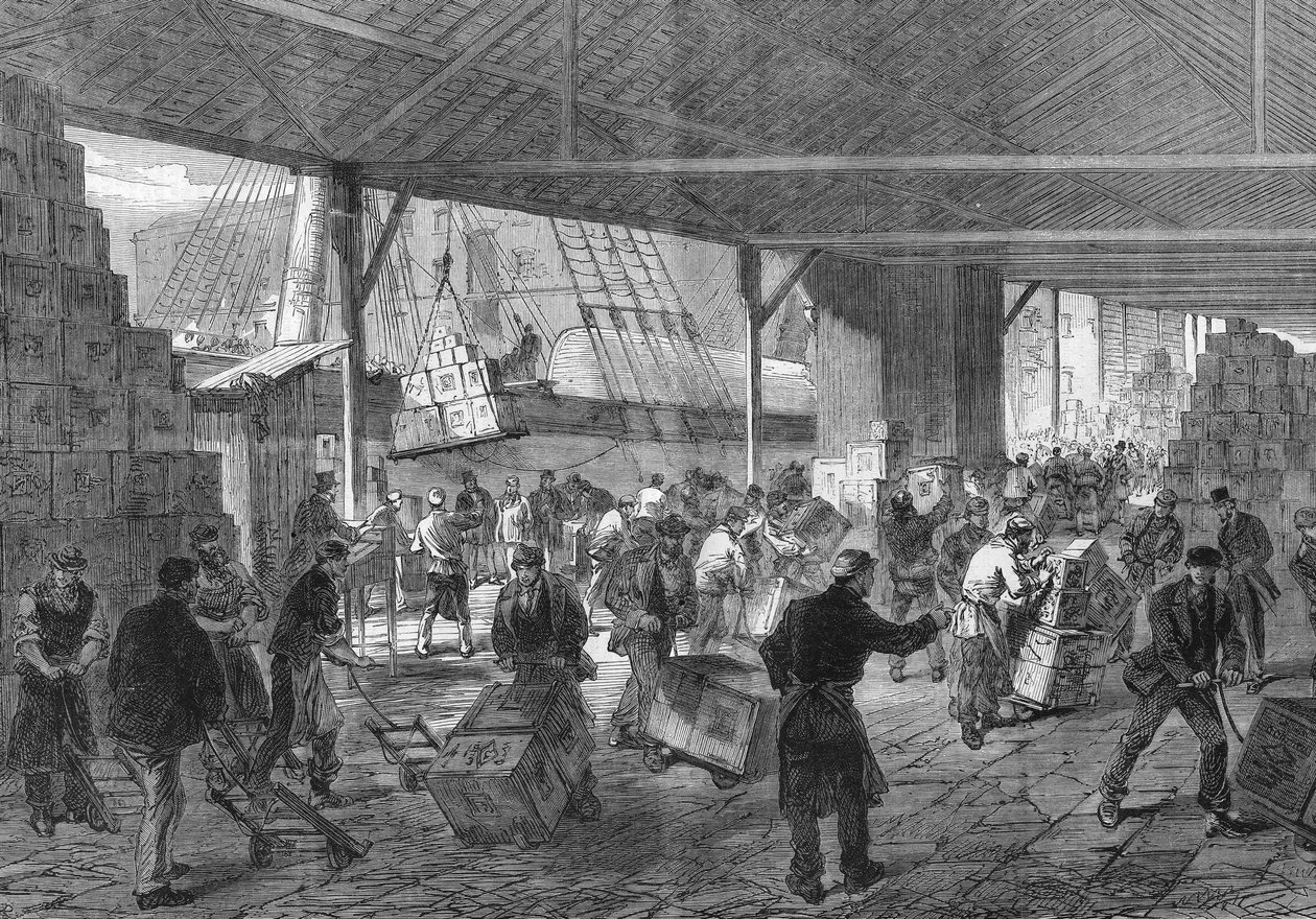 London 1868: ankomsten av te til bryggene. av Unknown artist