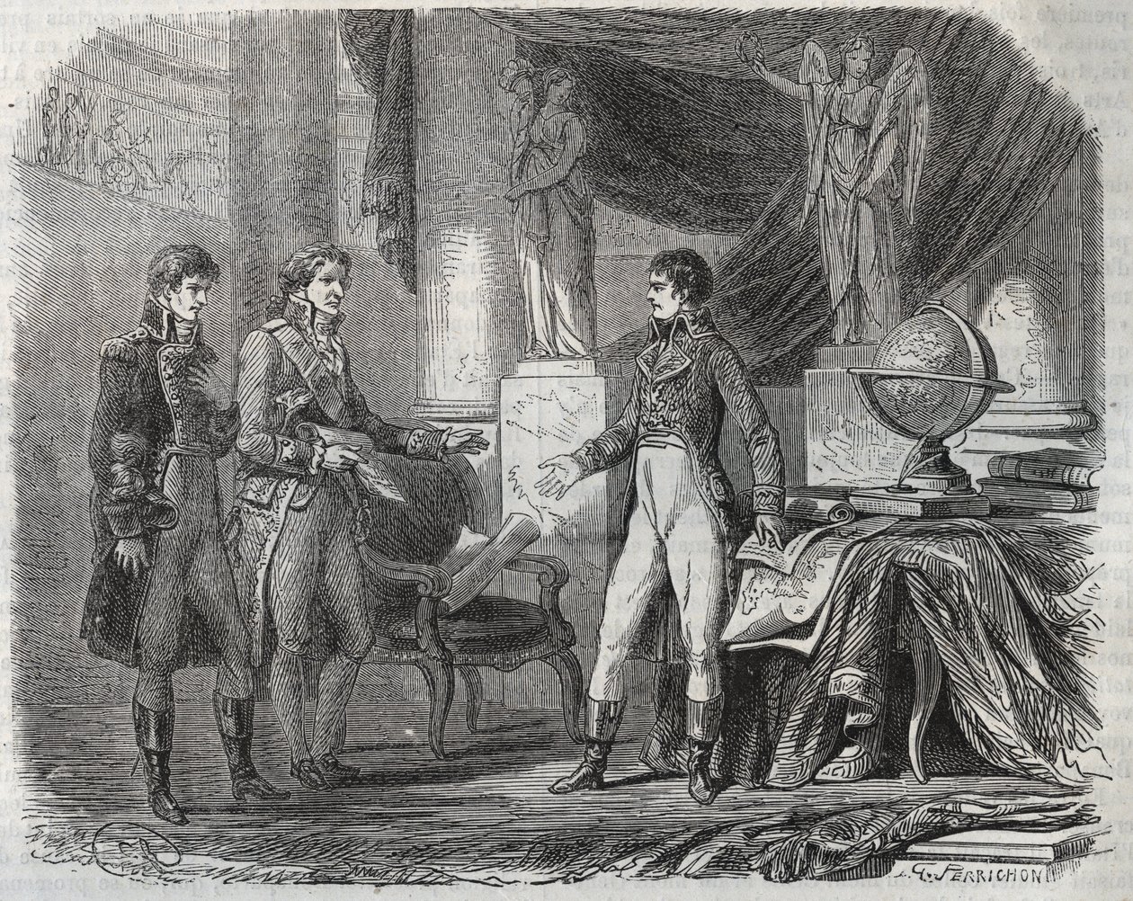 Lord Cornwallis (1738-1805) forhandlet frem Amiens-traktaten (1802) med Napoleon Bonaparte (1769-1821) - freden i Amiens, Frankrike - Traktat undertegnet mars 1802 som avsluttet revolusjonskrigene av Unknown artist