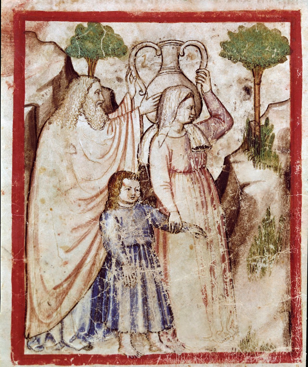 Loth drar til fjellet med døtrene sine for å unnslippe ødeleggelsen av Sodoma. Døtrene vil beruse faren sin miniatyr fra codex 212 (eller padovano codice eller Bible of Padua) 1390-1400 Rovigo, Accademia dei Concordi av Unknown artist