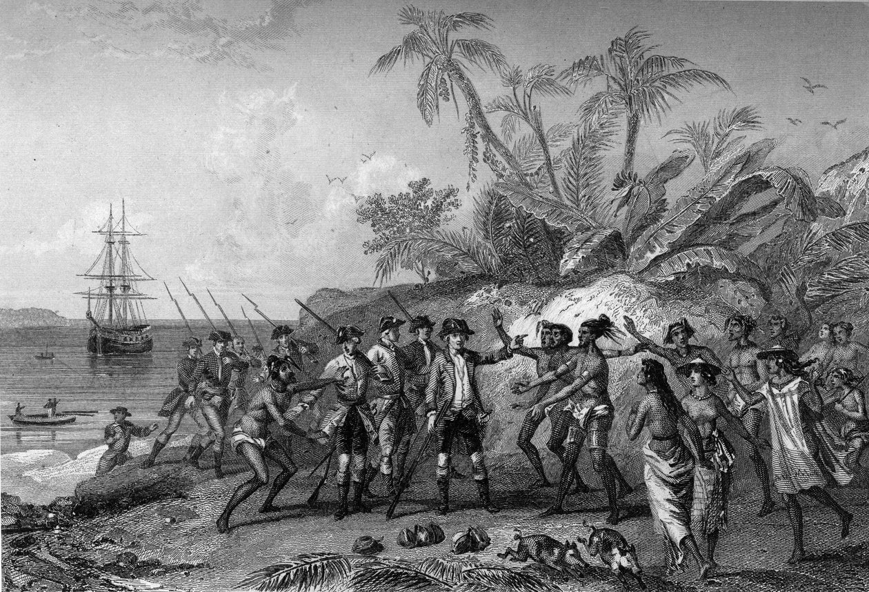 Louis Antoine Comte de Bougainville, fransk navigatør (1729-1811), nærmer seg øyene til markisene på Tahiti, 6. april av Unknown artist