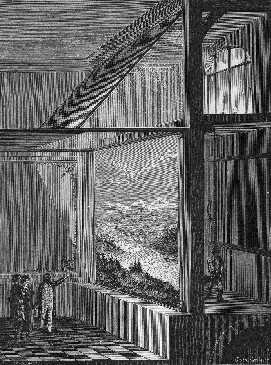 Louis Daguerre performed a demonstration of the diorama and the mode of change of painting av Unknown artist