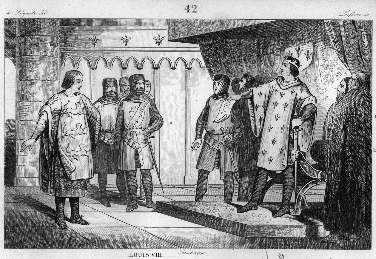 Louis VIII (1187-1226) Løven mottar en utsending fra sin fiende Henry III (1207-72) av England - Louis VIII dit "" Le Lion" (1187-1226), capetianernes dynasti, svarer med stolthet og ydmykhet til en utsending av kongen av England Henry III - Gravering av 1 av Unknown artist
