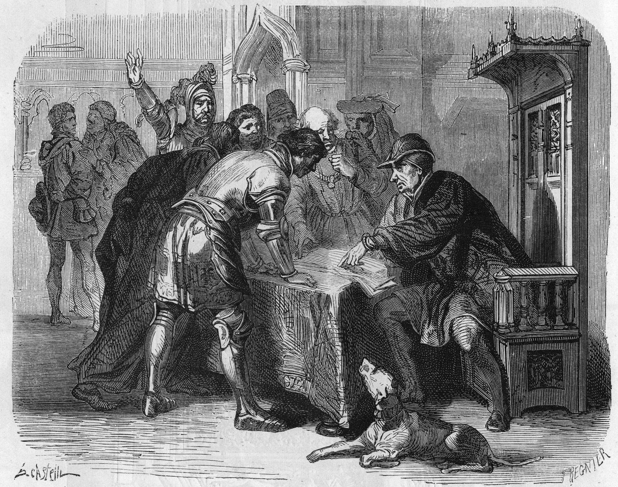 Louis XI, konge av Frankrike, får vite om Karl Temeraires død 7. januar 1477. Gravering fra 1800-tallet. av Unknown artist