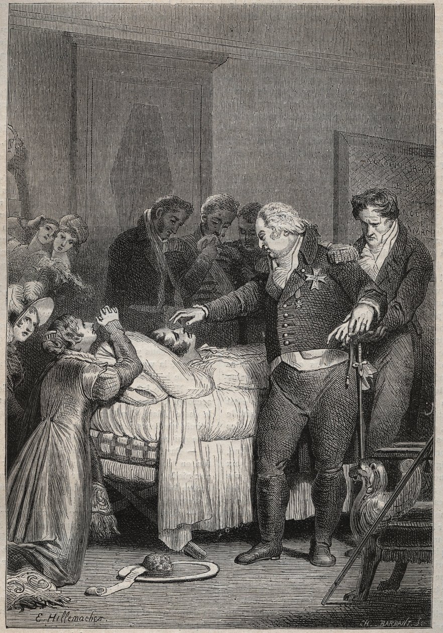 Ludvig XVIII ved dødsleiet til hertugen av Berry - De siste øyeblikkene til hertugen av Berry 13. februar 1820 (1778 - 1820) ved Paris-operaen omgitt av Ludvig XVIII og kongefamilien - gravering i "Histoire de France narrate to my barnebarn” av Unknown artist