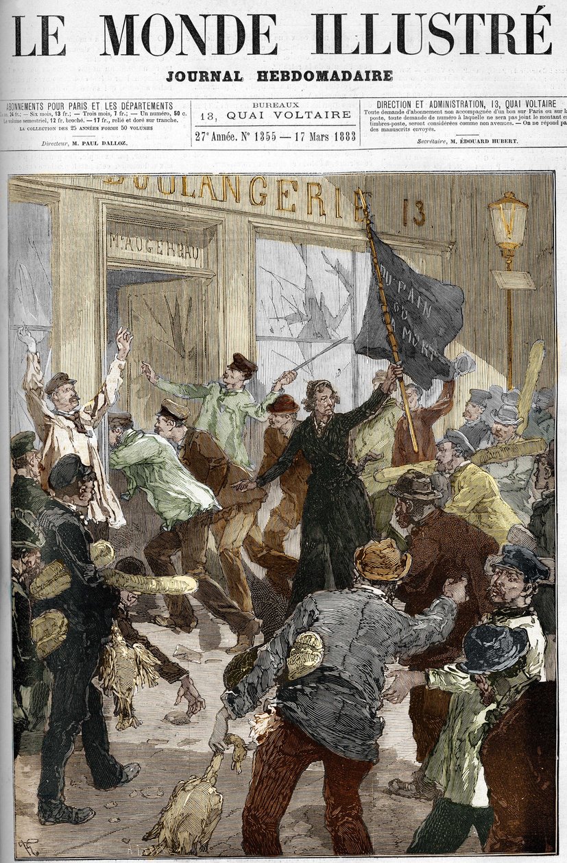 Louise Michel (1833-1905), en fransk revolusjonær, viftet med et svart flagg påskrevet «brød eller død», under plyndringen av et bakeri under arbeiderdemonstrasjonen 9. mars 1883 i Paris. av Unknown artist