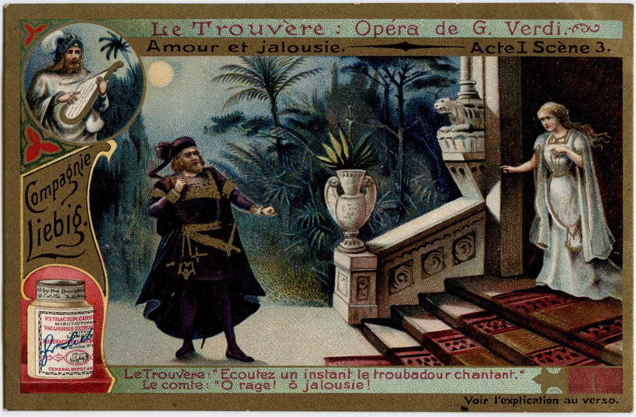 Love and Jealousy Act I Scene 3. Illustrasjon til operaen "" Funnet"" (Il trovatore) av Giuseppe Verdi (1813-1901). Kromolitografi (Chromo) Liebig fra slutten av 1800-tallet. av Unknown artist