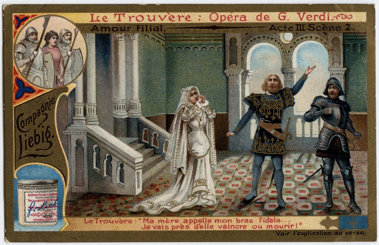 Kjærlighetsfilial act III scene 2. Illustrasjon til operaen "" The found"" (Il trovatore) av Giuseppe Verdi (1813-1901). Kromolitografi (Chromo) Liebig fra slutten av 1800-tallet. av Unknown artist
