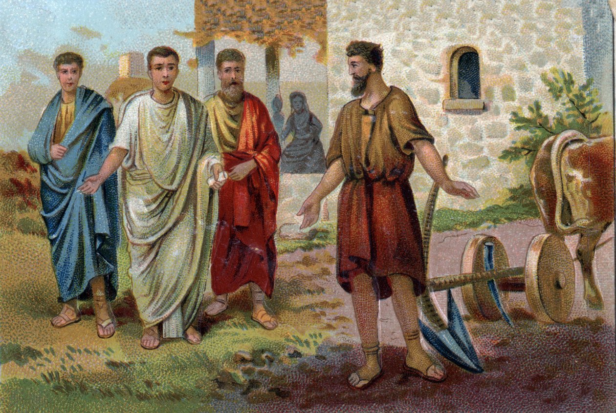Lucius Quinctius Cincinnatus (v.520/v.430 BC), Roman consul, engaged in agricultural tasks when the Senators (Senate of the Roman Empire) came to begging him to accept the supreme command and become the dictator of Rome in 458 BC. Chromolithography around  av Unknown artist