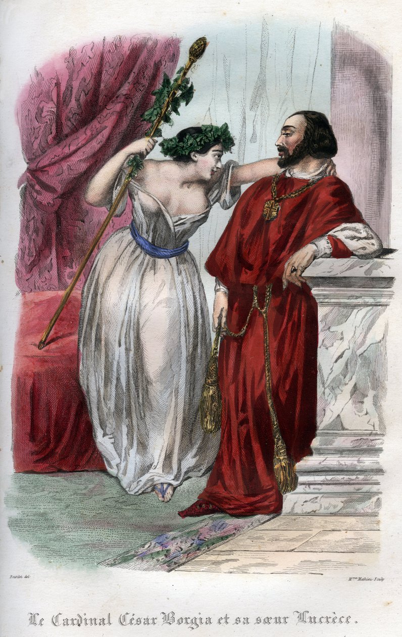 Lucrece Borgia (1480-1519) with his brother Cesar Borgia. (Lucrezia and Cesare Borgia). Engraving from 1842 in “Histoire des popes: crimes, murders, poisonings, parricides, adulteres, incest... by Maurice Lachatre. Private collection. av Unknown artist