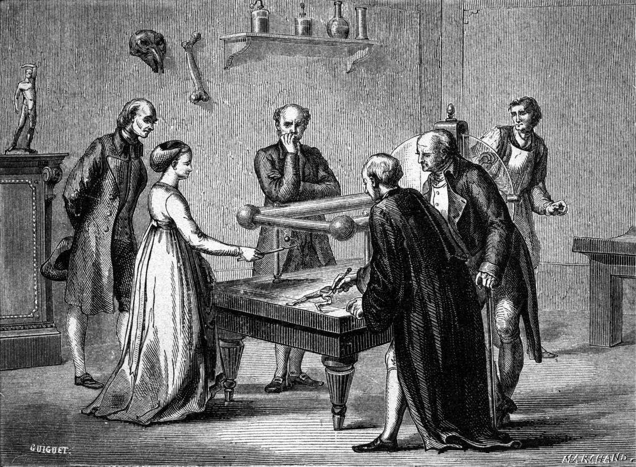 Luigi Galvani, professor i Bologna, oppdaget i 1780 irritabiliteten til froskemusklene ved elektrisitet. Gravering av 1800-tallet. av Unknown artist