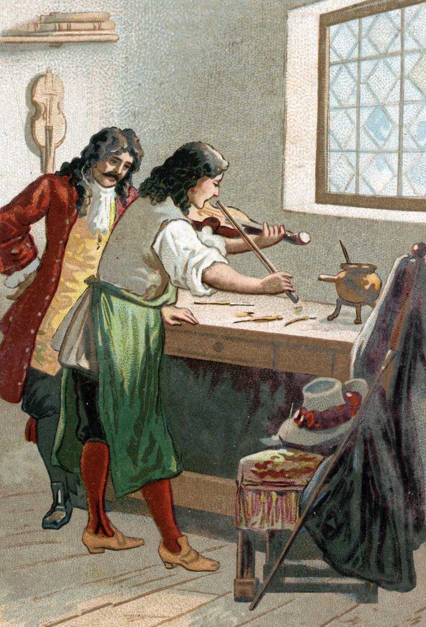 Luthier Stradivarius (Antonio Stradivari) (1644-1737) i verkstedet sitt. Kromolitografi fra 1800-tallet av Unknown artist