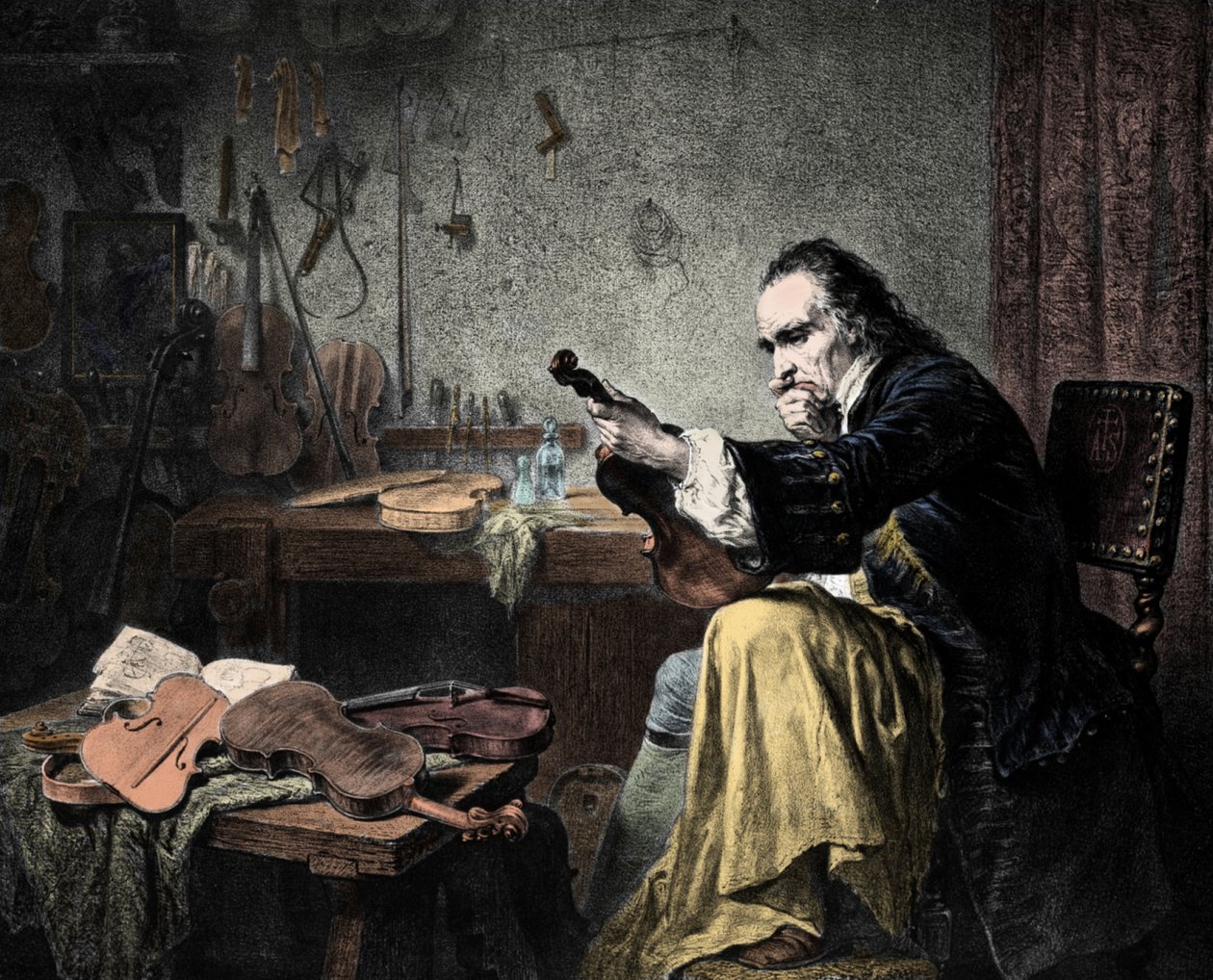 Luthier Stradivarius (Antonio Stradivari) (1644-1737) i verkstedet sitt. Gravering av Hammann. Fiolindesigner Antonio Stradivari (Stradivarius) at Work. av Unknown artist